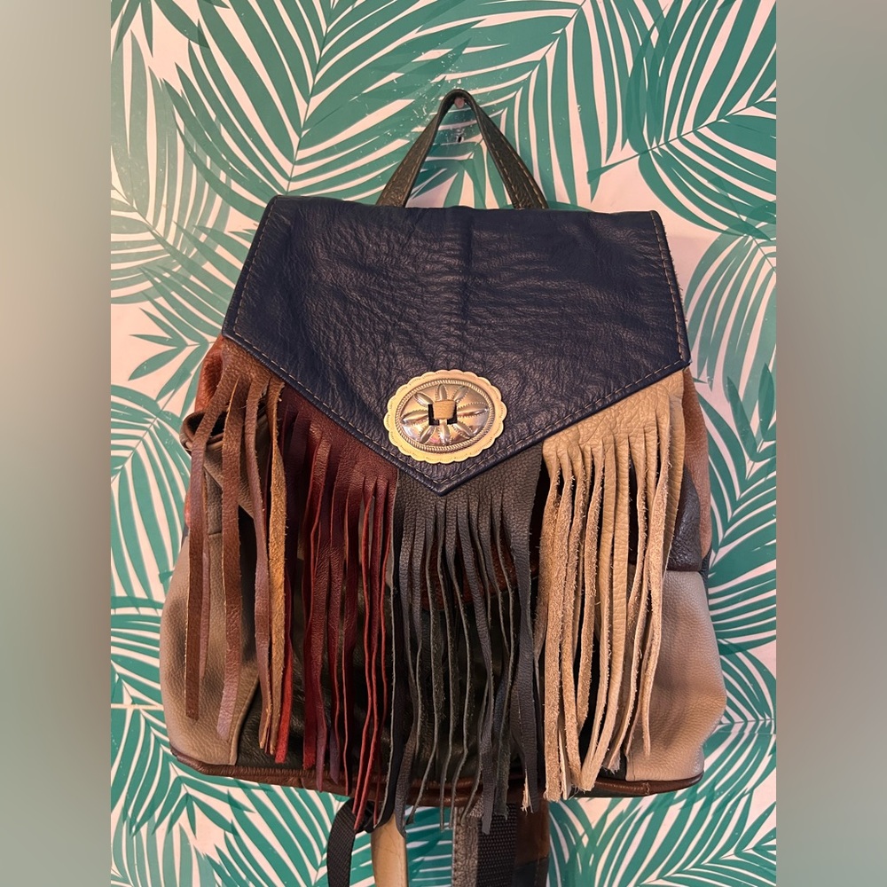 Western Leather Patchwork Backpack Fringe Detail … - image 4